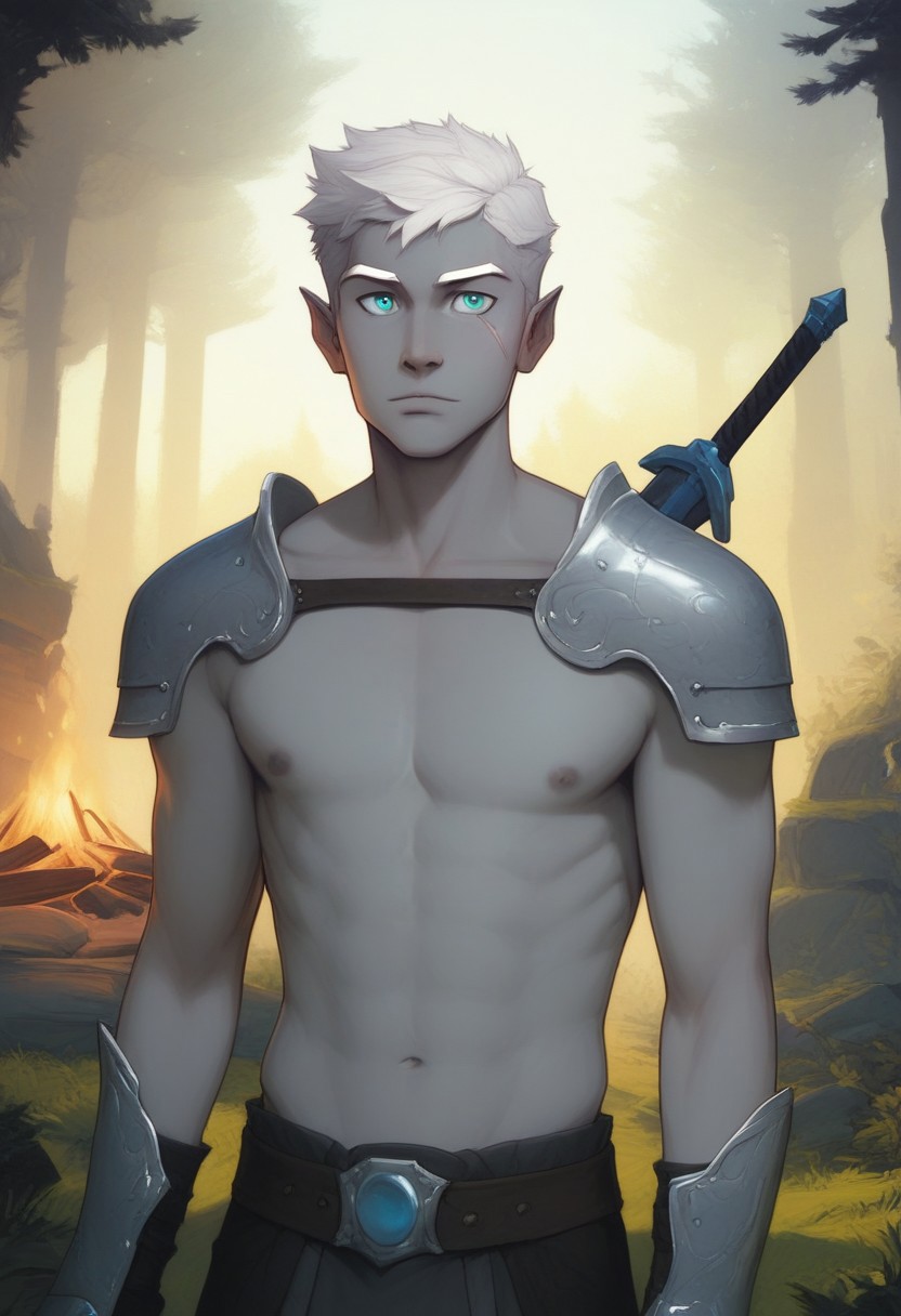 score_9, score_8_up, score_8, score_7_up, male, perfect eyes, detailed irises, small irises, pupils, detailed eyebrows, detailed eyelids, standing, natural stance, facing away from viewer, 25 years old, handsome, relaxed, expressionless,  narrow mouth, ((pale grey tipped ears)), (half_elf:0.5), dark elf, (((grey skin))), ((white hair)), (((short white hair))), short cut sides, perfect eyebrows, symmetrical eyebrows, ((white eyebrows)), grey ears, pointed_ears:0.5, (pointed human ears), eyebrow scar on left side of face, cheek scar, ((detailed turquoise eyes)), 1boy, solo, sexy, athletic, abs:0.5, (shirtless, chest strap), shoulder armor, gauntlets, ((sword-over-shoulder, weapon over shoulder, (((crossguard hilt))), hilt over shoulder))), (pitch black sword) strapped to back, vox machina style, solo, at night, warlock, fantasy, forest background, (dynamic lighting:1.1), campfire
((masterpiece)), dynamic angle
