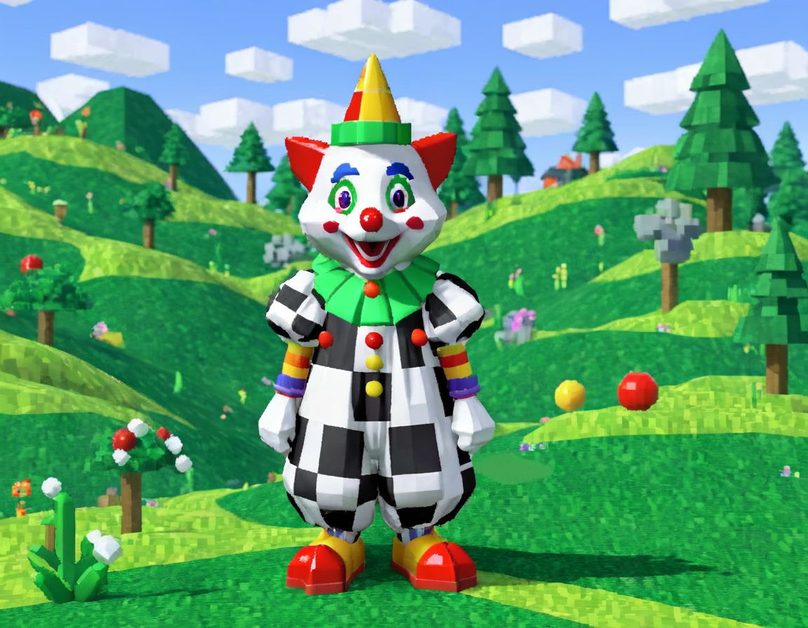 90sgum, clown possum character old retro game 3d, polygonal, pixelated, lo-fi, green hills backdrop, shapes and patterns, professional photosession for magazine  <lora:90sgum_v0.0.2-cap-e30:0.8>