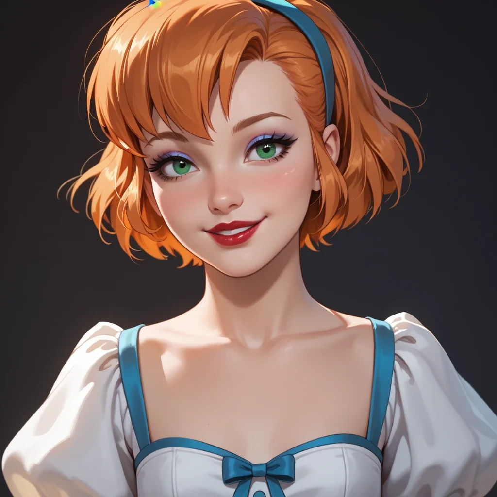 1girl, solo, portrait, centered on the face, looking at the viewer, cecilia, (adult body:1.2), perfect eyes, petite body, small round breasts, orange hair, short hair, green eyes, makeup, eyeliner, eyeshadow, lipstick, shy smile, dress, hairband