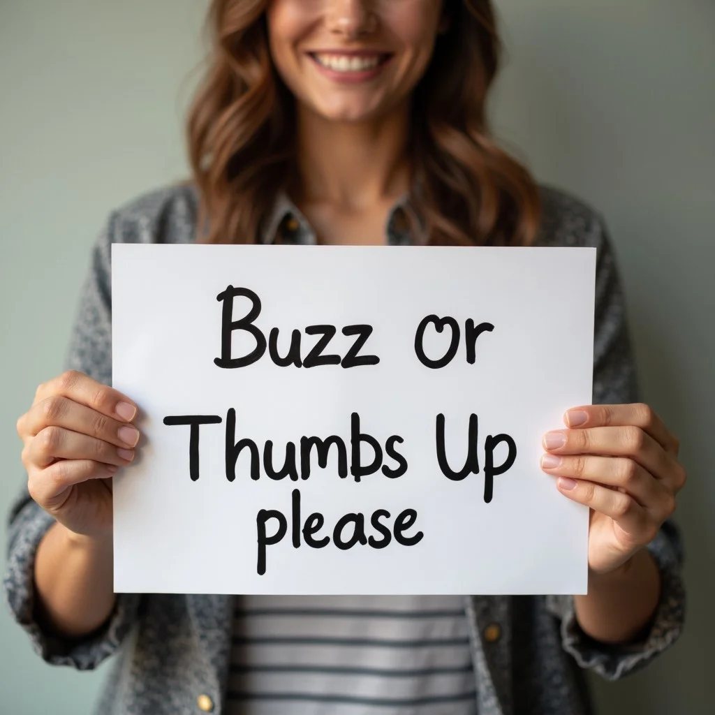 woman holding a sign that say "buzz or thumbs up please"