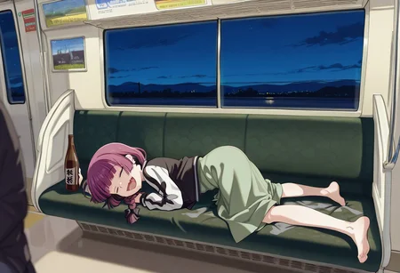 great quality,scenery,(almic,akakura,ogipote,dikko:0.7), train interior,(sincos:0.6), perspective,,sleeping on seat,official wallpaper,twfrom window,lying on sheets,night ,from side,sleeping,hiroi kikuri,purple hair,single braid,black jacket,green dress skirt,closed eyes,smirk,,holding sake,sake bottle,feet out of frame,leng up,dynamic pose, (top down bottom up:1.2),out of frame, depth of field,:d,drooling,skin fang