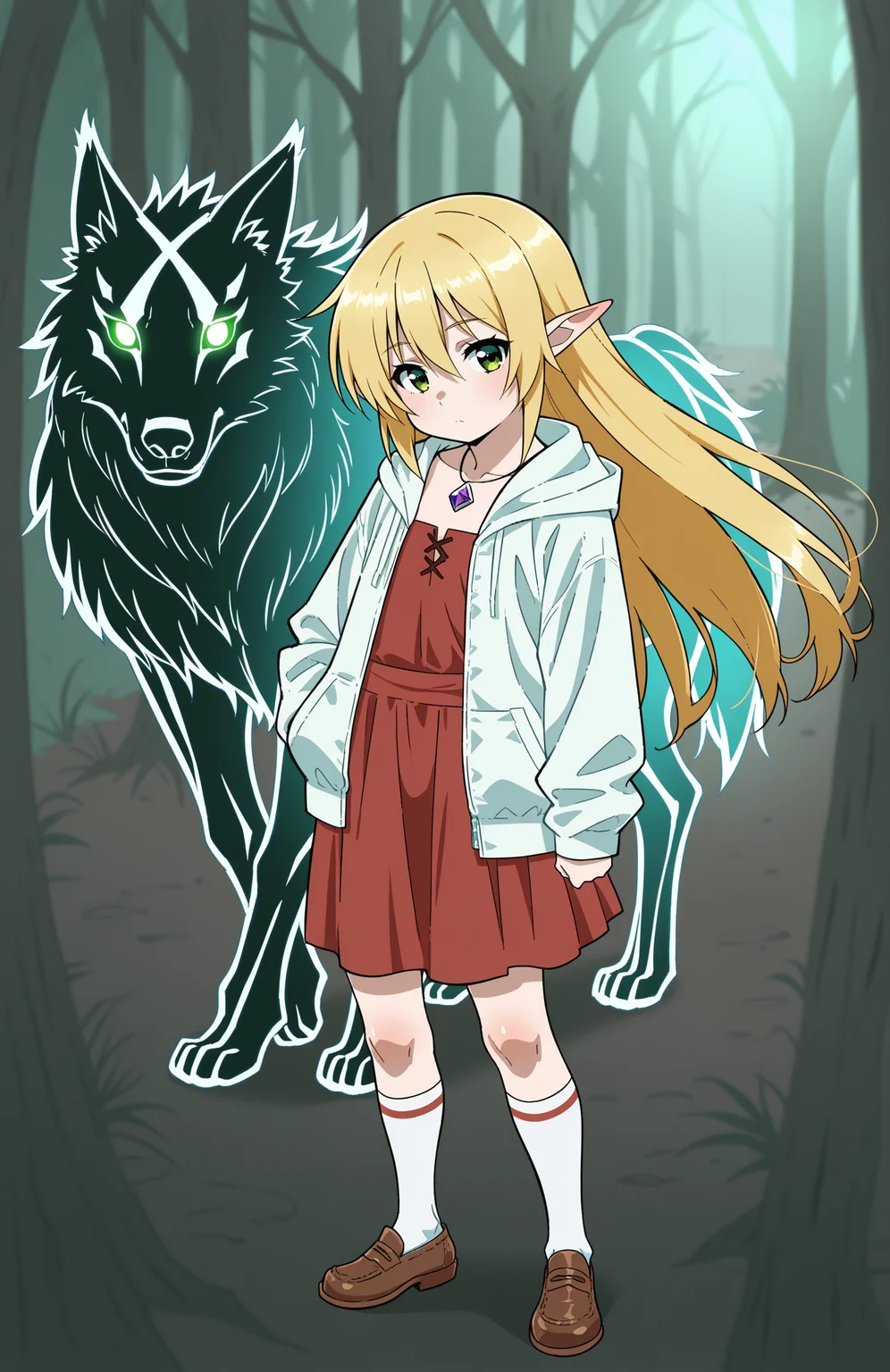 1girl, solo, <lora:Daikin:1> dkn,
sanzen'in nagi, green eyes, blonde hair, long hair, petite, flat chest, mori girl, soft jacket, maxi skirt, overknee socks, flat shoes, necklace, (long shot), encountering a mythical beast, detailed face, located in a magical scene at a serene elf village during twilight with rainy weather, illuminated by radiant beams, creating a adventurous,ethereal atmosphere, extremely detailed, highres, masterpiece, best quality