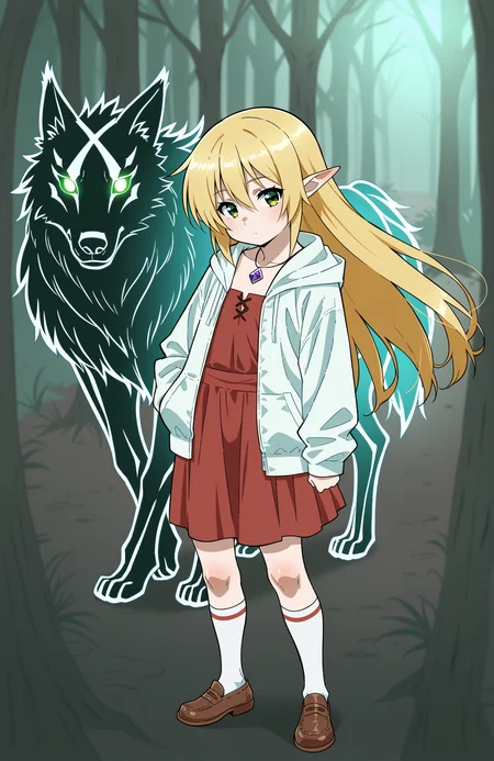 1girl, solo, <lora:Daikin:1> dkn,
sanzen'in nagi, green eyes, blonde hair, long hair, petite, flat chest, mori girl, soft jacket, maxi skirt, overknee socks, flat shoes, necklace, (long shot), encountering a mythical beast, detailed face, located in a magical scene at a serene elf village during twilight with rainy weather, illuminated by radiant beams, creating a adventurous,ethereal atmosphere, extremely detailed, highres, masterpiece, best quality