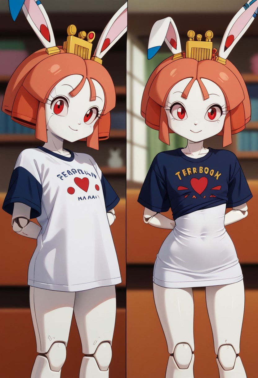 1girl, solo, (Tokugawa Usako, rabbit girl, white skin, ((android)), doll joints, petite, skinny:1.3), score_9, score_8_up, score_7_up, score_6_up, score_5_up, score_4_up, chibi, short legs, rabbit tall, slightly smil, small breasts, thin waist, smile, red eyes, blurry background, out of focus, Expressiveh, looks at the viewer, pajchall, multiple views, t-shirt, arms behind back,