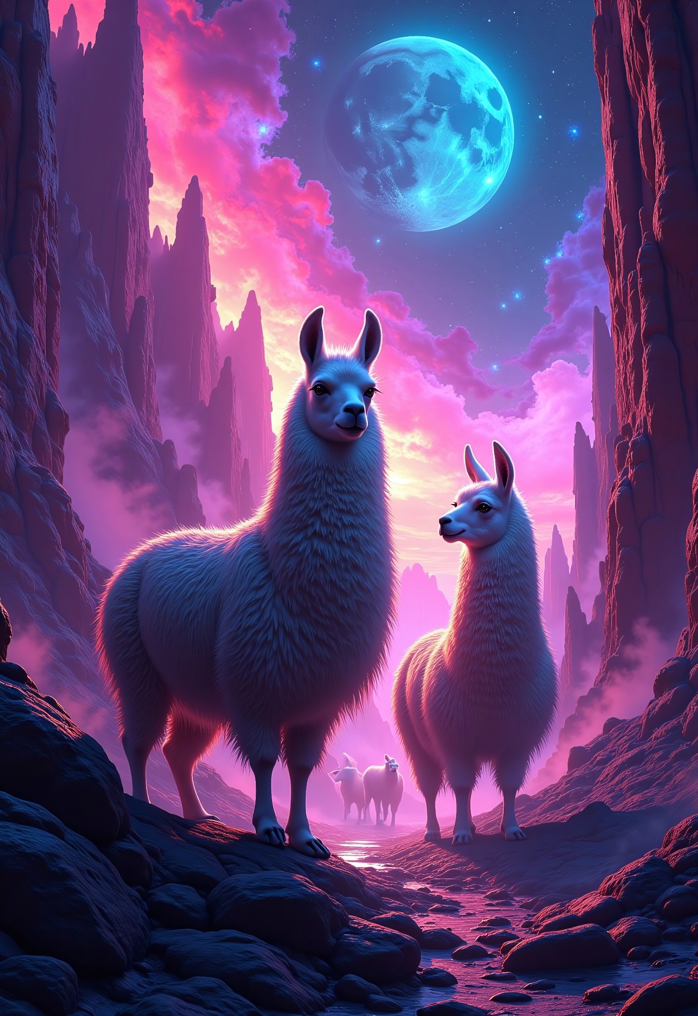 aidmaimageupgrader, a high quality digital Synthwave styled image of Metagalactic Llamas Battle at the Edge of Time