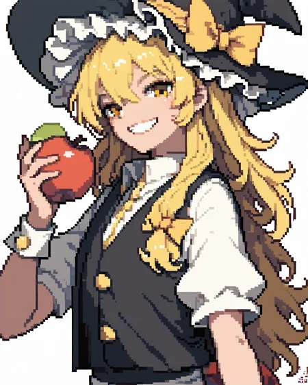 touhou, 1girl, kirisame marisa, apple, black headwear, black vest, blonde hair, food, frilled headwear, fruit, grin, hair between eyes, hand up, holding, holding food, holding fruit, long hair, looking at viewer, shirt, simple background, smile, solo, twitter username, upper body, vest, white background, white shirt, wrist cuffs, yellow eyes,
score_7_up
<lora:1856601-11-000002:1>