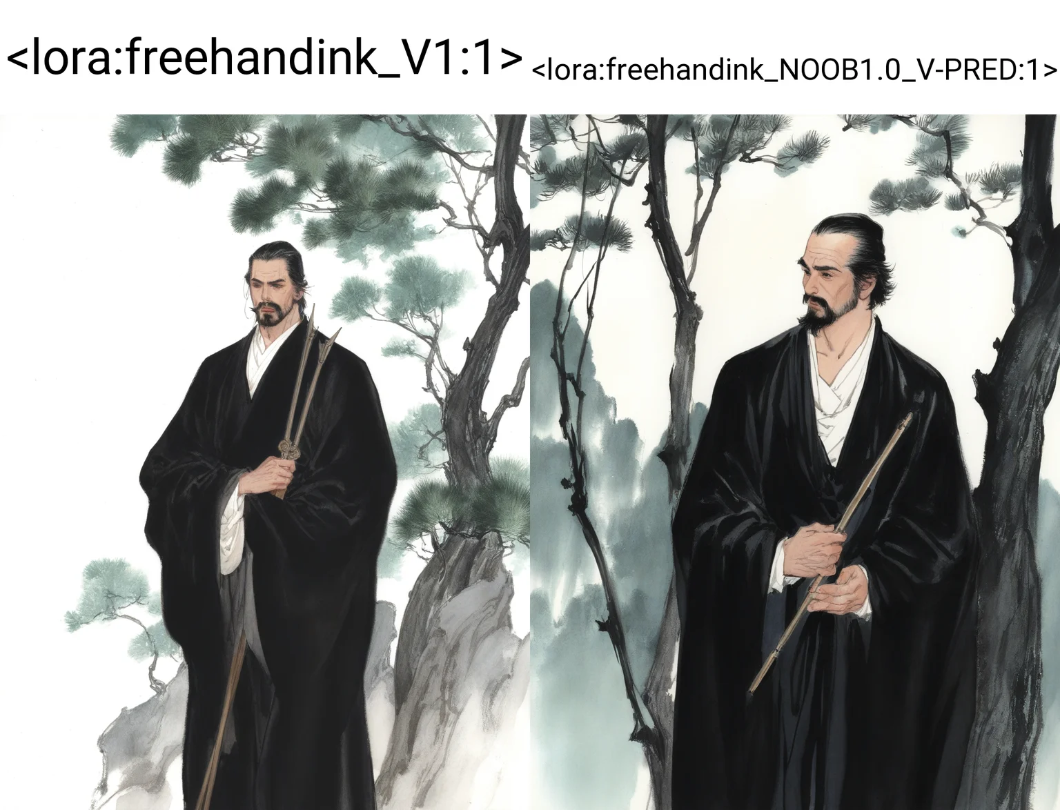solo, short hair, black hair, long sleeves, 1boy, holding, standing, male focus, tree, facial hair, traditional media, beard, robe, mustache, old, old man
masterpiece, absurdres,
<lora:freehandink_V1:1>