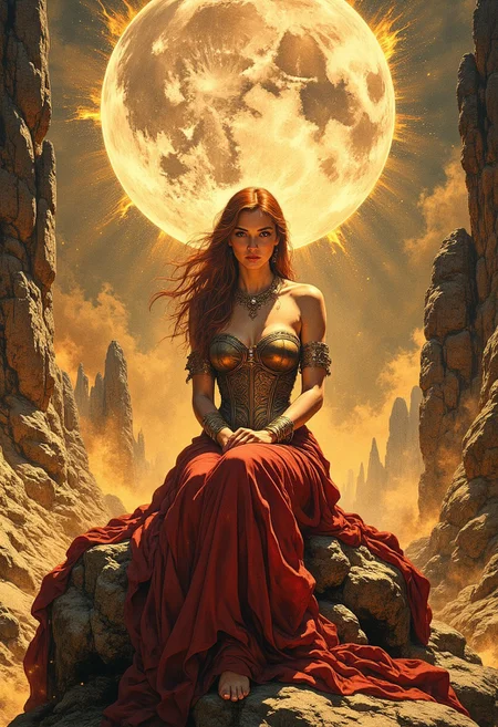 A regal celestial woman sits on a jagged rock formation in the center of a golden-lit canyon. Her red hair is swept back, strands catching the light. Her cheekbones and eyes are sharply defined, illuminated by the warm glow.
She wears a flowing crimson gown, draped over her shoulders, cascading in heavy folds, pooling at her feet. A bronze corset, adorned with filigree engravings and gemstone inlays, reflects the warm canyon light. Her golden bracelets, etched with ornate patterns, catch the flickering glow of floating embers drifting through the air.
Above her, a massive celestial sphere hovers, its semi-transparent surface swirling with golden dust and glowing embers. The sphere emits a soft golden light, casting a halo-like illumination around her.
The canyon walls rise steeply, their textured stone formations contrasting with the hazy, glowing atmosphere. Small golden orbs float through the air, their soft light blending with the dust and mist clinging to the ground.
The scene is bathed in deep golds, warm reds, and soft ambient glows, highlighting the contrast between the rugged canyon landscape and the celestial presence of the woman.