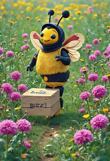 A giant, anthropomorphic bee stands in a field of colorful flowers hooding a sign which reads: "Buzzz!"
flux-style