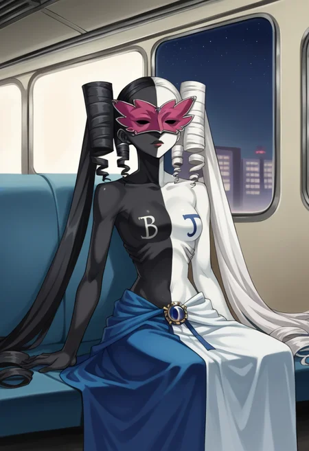 score_9, score_8_up, score_7_up, source_anime BREAK 1girl, solo,   <lora:zs_PriestessXL:1> thepriestessp3, colored skin, black skin, white skin, multicolored hair, black hair, white hair, very long hair, drill hair, twintails, mask, blue skirt, j, b, sitting, train, night, green filter