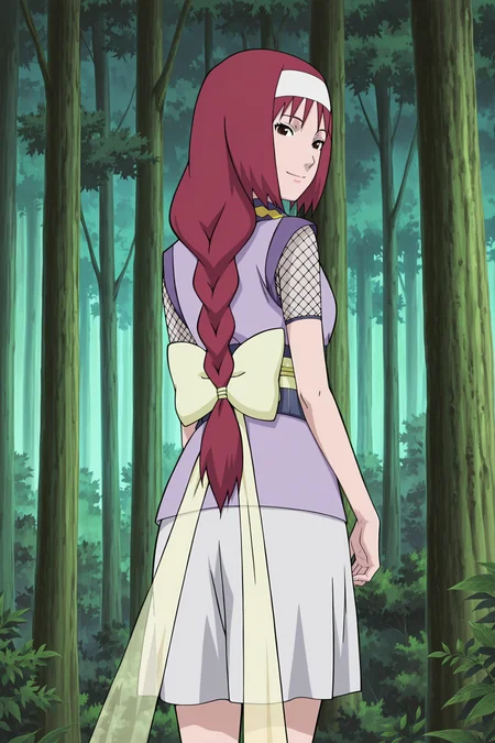 anime screencap, anime coloring, detailed face, masterpiece, best quality, very aesthetic, absurdres, volumetric lighting, official style, amazing quality, ultra detailed,  highres, amazing quality, scenery, beautiful detailed hair, beautiful detailed eyes,
<lora:StS-Illustrious-Detail-Slider-v1.0:4>
<lora:Honoka_Naruto_Shippuden:1>,
Honoka (Naruto character), nature, solo, forest, braid, long hair, red hair, 1girl, tree, from behind, outdoors, single braid, bow, standing, looking back at the viewer, sexy smile