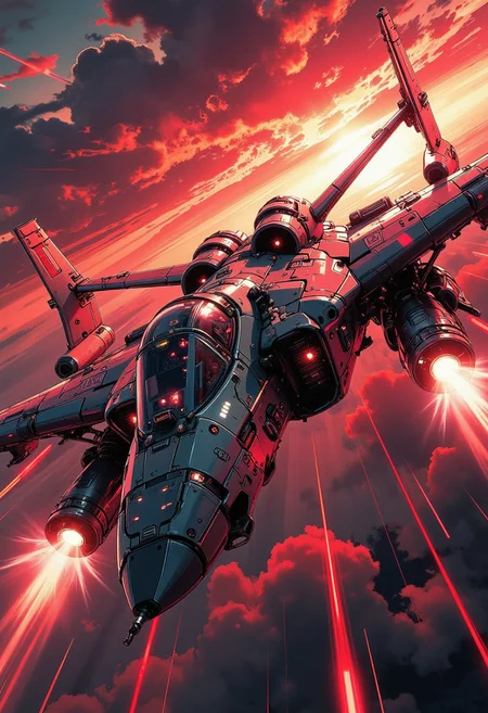 in the style of ck-mgs, A digital artwork in the style of cknc, a futuristic, highly advanced spy plane flying rapidly through the sky. The fuelage is made of a dark gunmetal alloy and the cockpit shows glowing led lights, the powerful jet thrusters have large air intakes. The sky has dark clouds, and is a surreal red, sunset