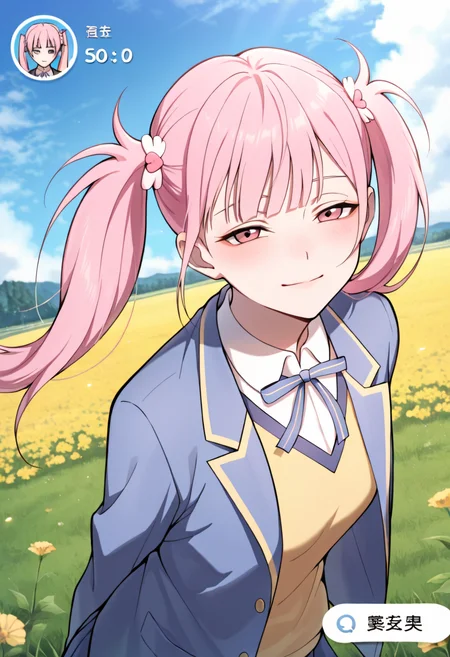 <lora:Li Tianxi School Uniform2:0.8>,15_Li Tianxi School UniformWoman,long hair,bangs,twintails,pink hair,side ponytail,pink eyes,shirt,ribbon,twintails,medium breast,light skin,1girl,school uniform,blue jacket,white shirt,collared shirt,neck ribbon,
(Character)score_9,score_8_up,score_7_up,very aesthetic,source_anime,detailed,high quality,beautiful,masterpiece,detailed eyes,field,blurry background,pose dynamic angle,upper body,cowboy shot,light smile,floating hair,half-closed eyes,hands behind back,leaning forward,looking forward,looking at viewer.,