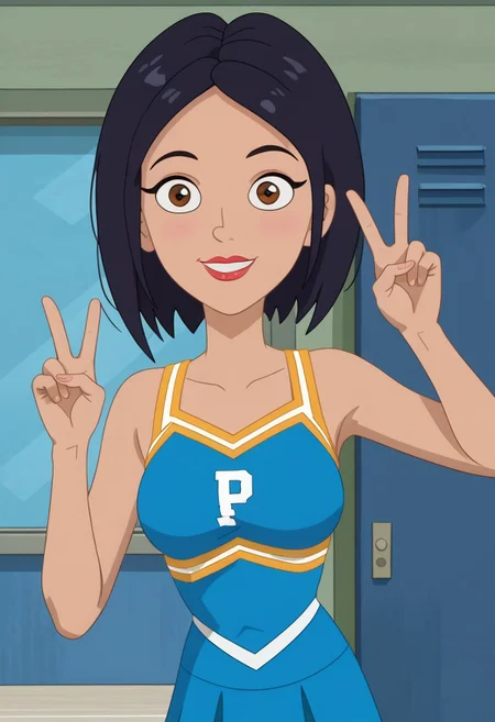 ((room background)),score_9, score_8_up, score_7_up,score_6_up, 
1girl, solo, Naya_HYG, medium light skin, dark brown eyes, blue black hair, short straight hair, hairstyle bob cut, red lipstick, blue cheerleader top, blue cheerleader skirt, blue sneakers, big eyes, cute, tall stature, social smile, happy, perfect eyes, perfect smile, looking at the viewer, detailed eyes, perfect eyes, standing, big breasts (front pose, bust shot) five fingers, perfect hands, (hands up, v sign)