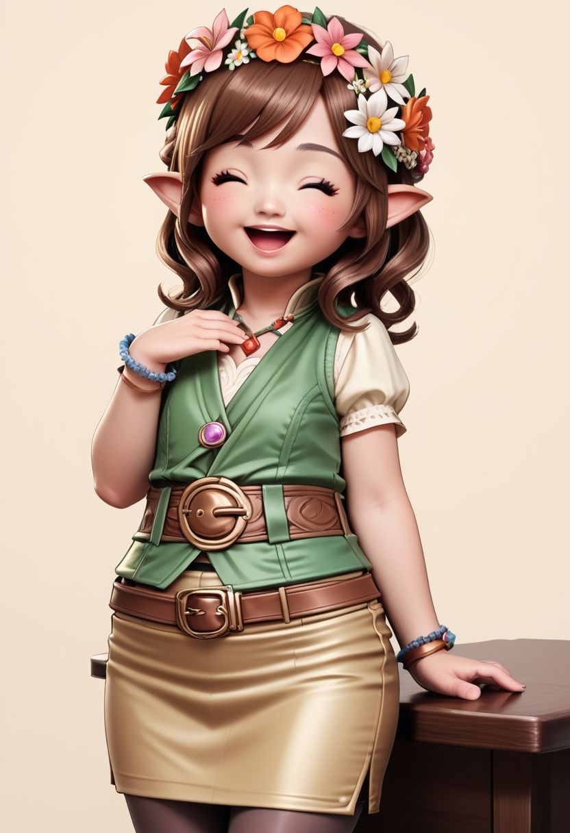 lalatater, lalafell, 1girl, solo, pointy ears, closed eyes, flower, brown hair, smile, skirt, hair flower, open mouth, hair ornament, pantyhose, head wreath, jewelry, ^ ^, pencil skirt, belt, miniskirt, simple background, chibi, puntable BREAK PonyXLV6_Scores