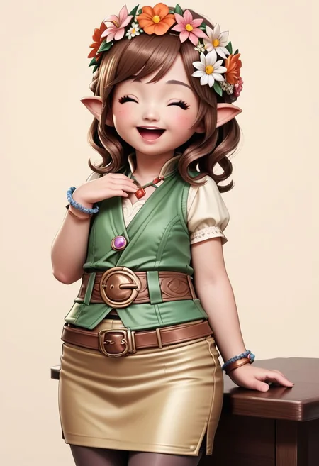 lalatater, lalafell, 1girl, solo, pointy ears, closed eyes, flower, brown hair, smile, skirt, hair flower, open mouth, hair ornament, pantyhose, head wreath, jewelry, ^ ^, pencil skirt, belt, miniskirt, simple background, chibi, puntable BREAK PonyXLV6_Scores