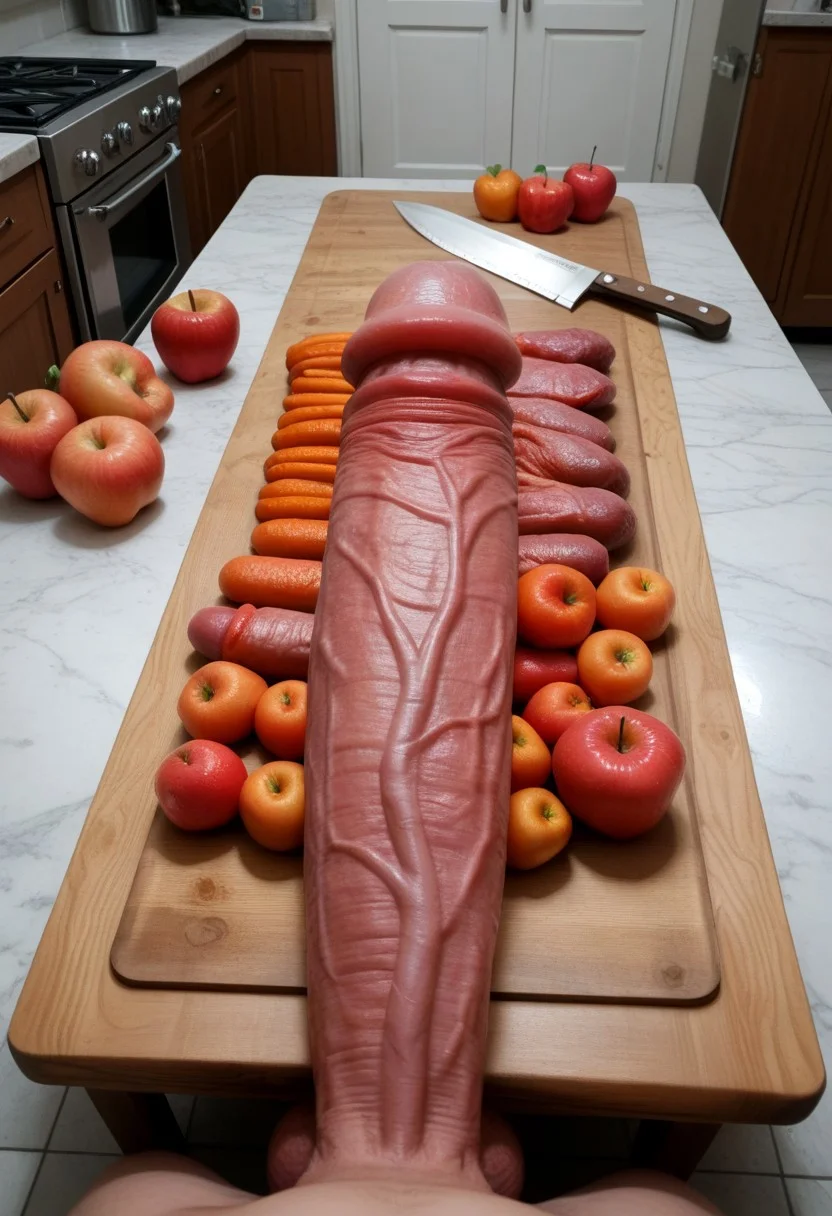 top down view, from above, POV of penis++ on table, cock on block+++, massive fat long veiny penis on cutting board, knife, huge long veiny erection, penis lying on cutting board , with huge knife in frame ,background, indoors ,cutting board ,knife, kitchen, apples, orange, peppers, meat balls, bathroom score_9 score_8_up score_7_up action scene movie stil , food cooking show, massive fat long veiny penis on cutting , many cock on board