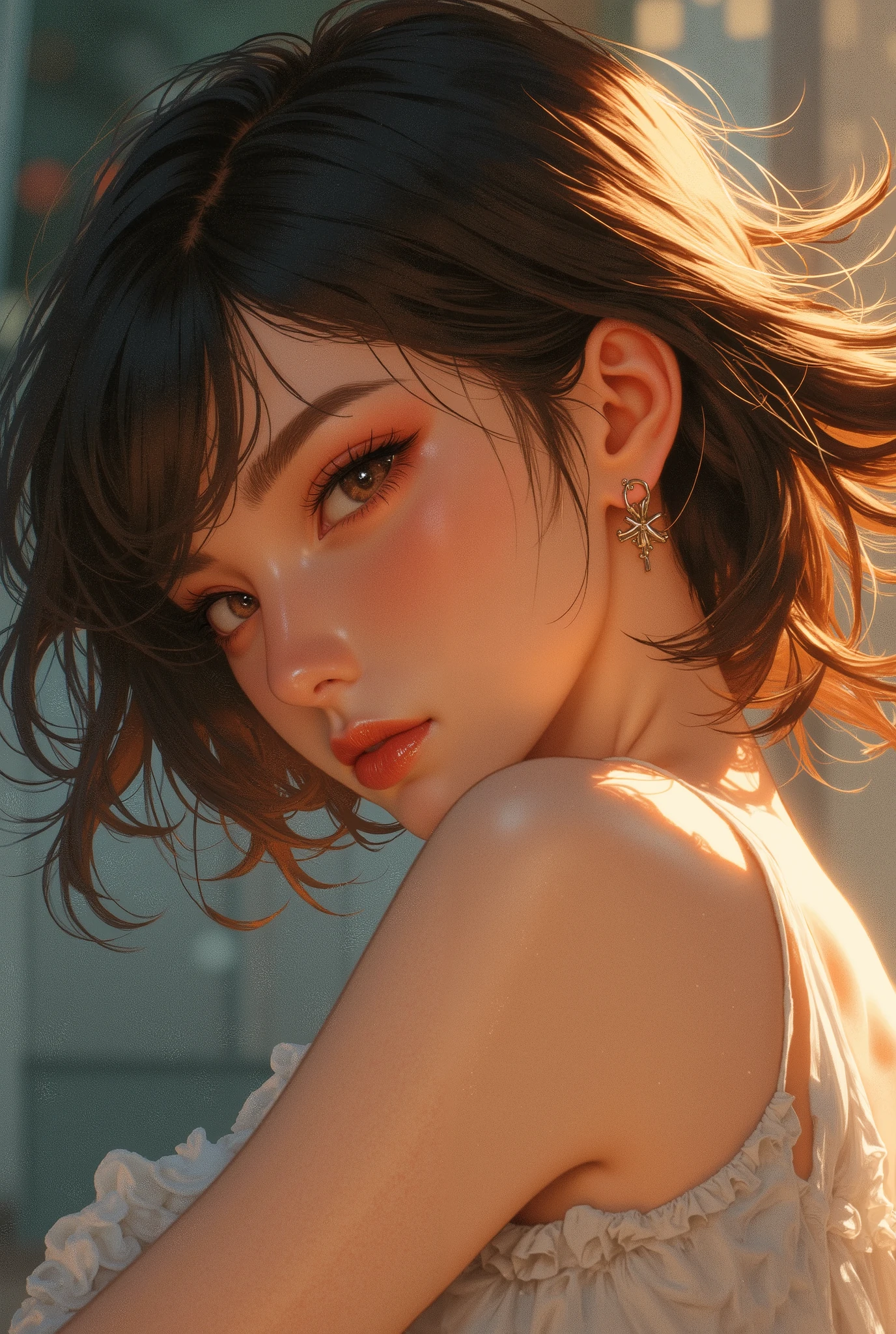 Niji_anime, masterpiece, high-resolution anime-style illustration, semi-realistic anime, ultra-detailed, soft painterly shading, delicate gradients, cel-shaded highlights, expressive linework, subtle chromatic aberration, cinematic depth of field, watercolor-like textures, glowing ambient lighting, warm and cool contrast blending, ethereal beauty, dynamic lighting effects, highly detailed features, hyper-detailed eyes, smooth skin rendering, elegant composition, soft glow.

A stunning anime-style portrait of a beautiful, sexy girl, depicted with graceful elegance and soft, alluring expression. Her delicate facial features are framed by flowing hair, softly illuminated by glowing ambient lighting that enhances her youthful, radiant complexion. Her eyes are deep, expressive, and captivating, reflecting light with hyper-detailed highlights that make them glow with intensity and warmth.

The soft painterly shading and watercolor-like textures blend seamlessly with cinematic lighting, creating a dreamlike atmosphere. The warm and cool color contrast gently enhances the depth and realism, while cel-shaded highlights add a touch of crisp anime aesthetics. The expressive linework defines her features with graceful precision, while subtle chromatic aberration lends the image an artistic, high-quality finish.

The background is softly blurred, creating an elegant depth-of-field effect that focuses all attention on her beauty and charm. The overall aesthetic is romantic, ethereal, and mesmerizing, embodying the perfect balance between semi-realism and anime-style artistry.
