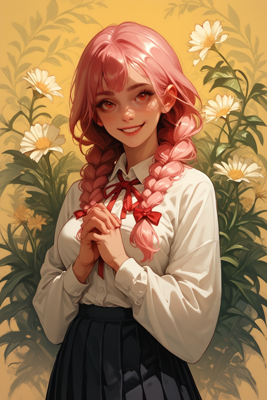1girl, solo, braid, skirt, shirt, long hair, white shirt, red eyes, looking at viewer, pink hair, smile, ribbon, red ribbon, breasts, black skirt, bow, collared shirt, virtual youtuber, own hands together, red bow, yellow background, neck ribbon, long sleeves, hair bow, pleated skirt, twin braids, shawl, flower, medium breasts, shirt tucked in, parted  standing, hair ribbon, cowboy shot, school uniform, simple background, floral background,, zPDXL3, detailxl,  Score_PnyReal, (lineless:1.5)