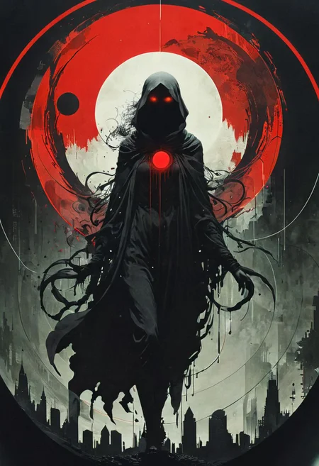 ral-ertmsphr otclillsn carcosa city, cybersecurity meme, data flows, dynamic movement, bleaked red and black, a Vintage casual goddess inside of circle, looking curious, By Yoji Shinkawa