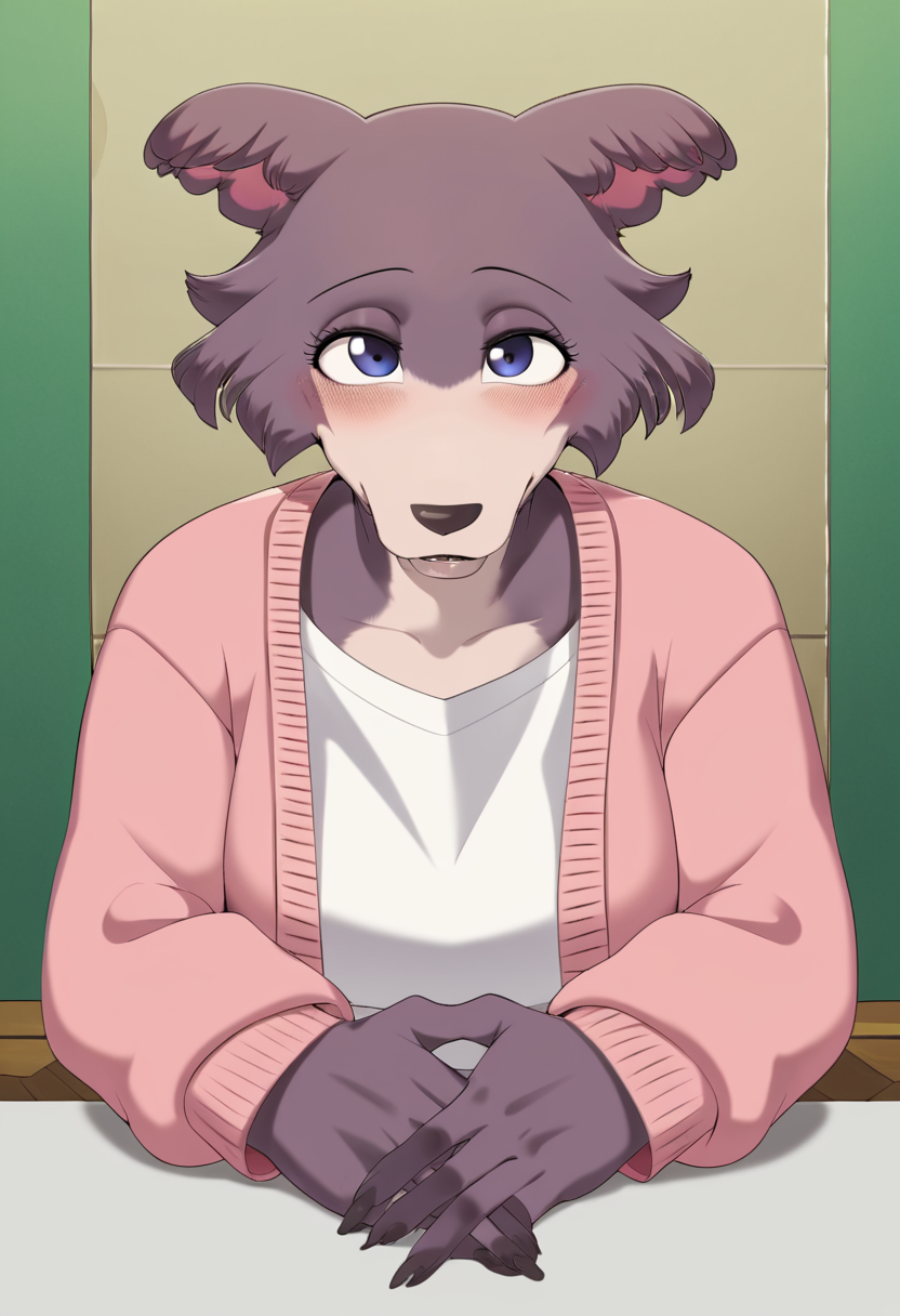 zPDXL, score_9_up, score_8_up,_7_up, score_6_up, score_5_up, score_4_up ,source_furry, best quality, amazing quality, masterpiece, 1girl, looking at viewer, solo, close, face focus, upper body, cute, blush, seductive smile, cute pose, outoors, cafe, sitting at the table, juno, wolf girl, brown-purple fur, blue eyes, wolf tail, pink cardigan, white t-shirt, green pants, <lora:JunoUpdated:0.8>, cervina7, <lora:Cervina7:1>