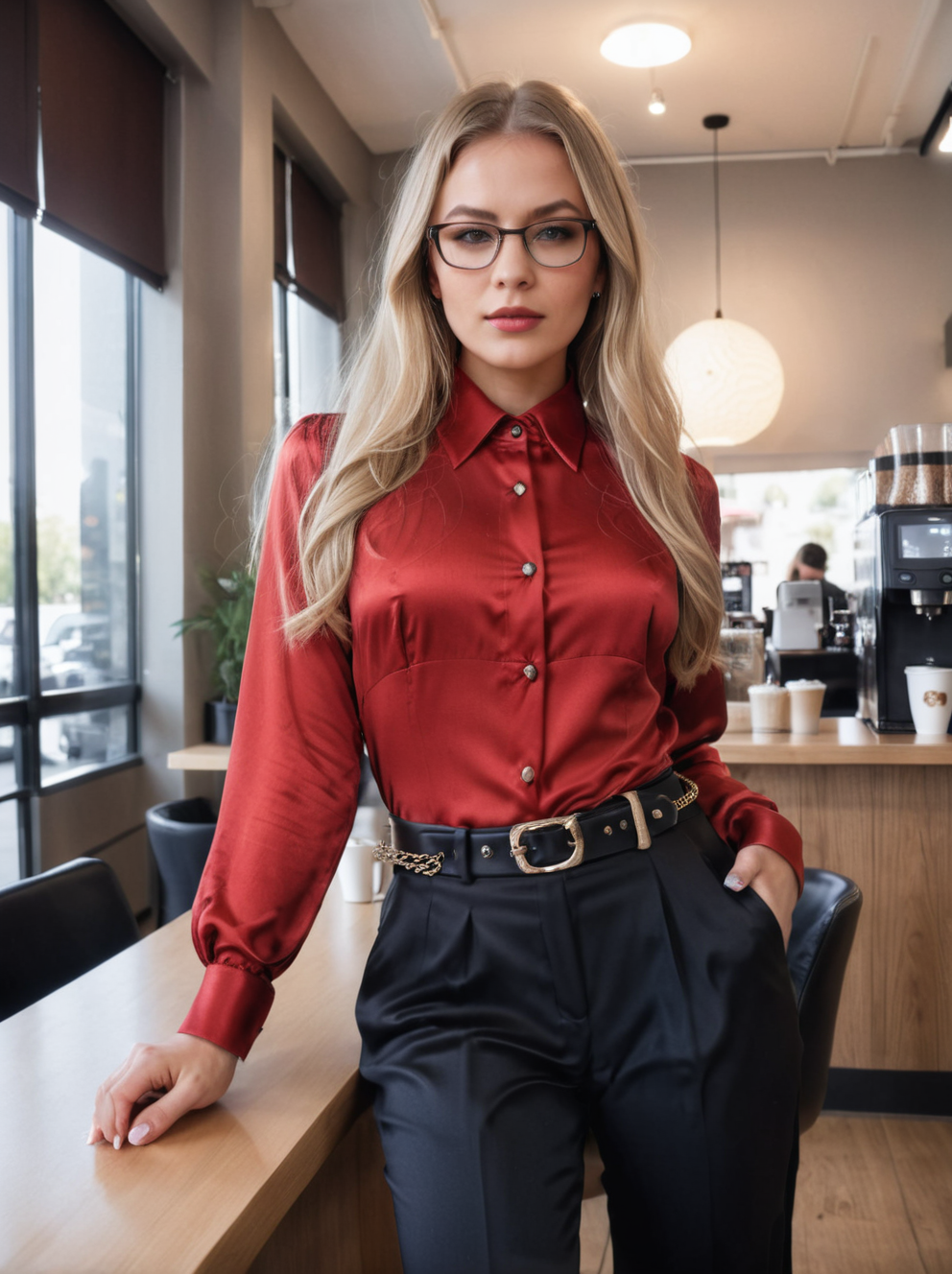 cinematic, volumetric lighting, very detailed, high resolution, sharp, sharp image, Aviva Sofia, wearing a black forest satin collared shirt, black office trousers with a chain belt, sitting at a coffee store, long blonde hair, brown eyes, makeup, glasses, fine silk fabric emphasis, visible bright shirt buttons, <lora:CollaredShirt_SDXL:0.75>