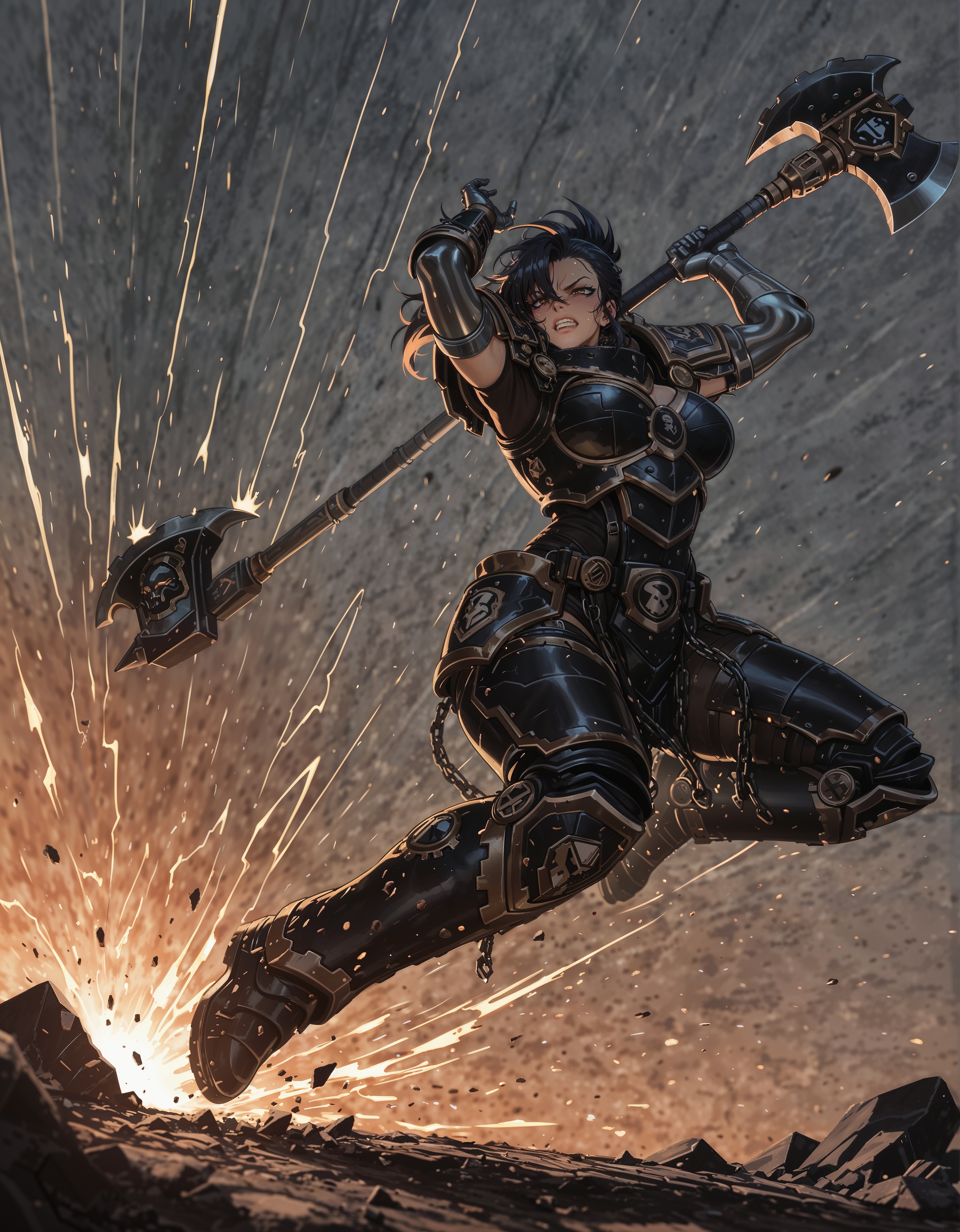 masterpiece, best quality,high quality, newest, highres,8K,HDR,absurdres, 1girl solo, iLLFerrusM40k, armor, metallic arms, battle axe, slamming axe into ground, jumping, detailed background
  <lora:iLLFerrusM40k:1>