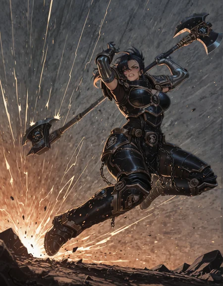 masterpiece, best quality,high quality, newest, highres,8K,HDR,absurdres, 1girl solo, iLLFerrusM40k, armor, metallic arms, battle axe, slamming axe into ground, jumping, detailed background
<lora:iLLFerrusM40k:1>