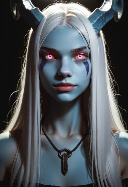 score_9, score_8_up, score_7_up, score_6_up, AMFL, low key, high exposure, 1girl, portrait, beautiful, tiefling shaman, white hair, (long hair:1.3), side bangs, horns, barbarian, gladiator, war paint, tribal markings, long tail, blue skin, pink eyes, glowing eyes, (smug:0.85), dramatic lights, detailed, sharp lines, dynamic, detailed