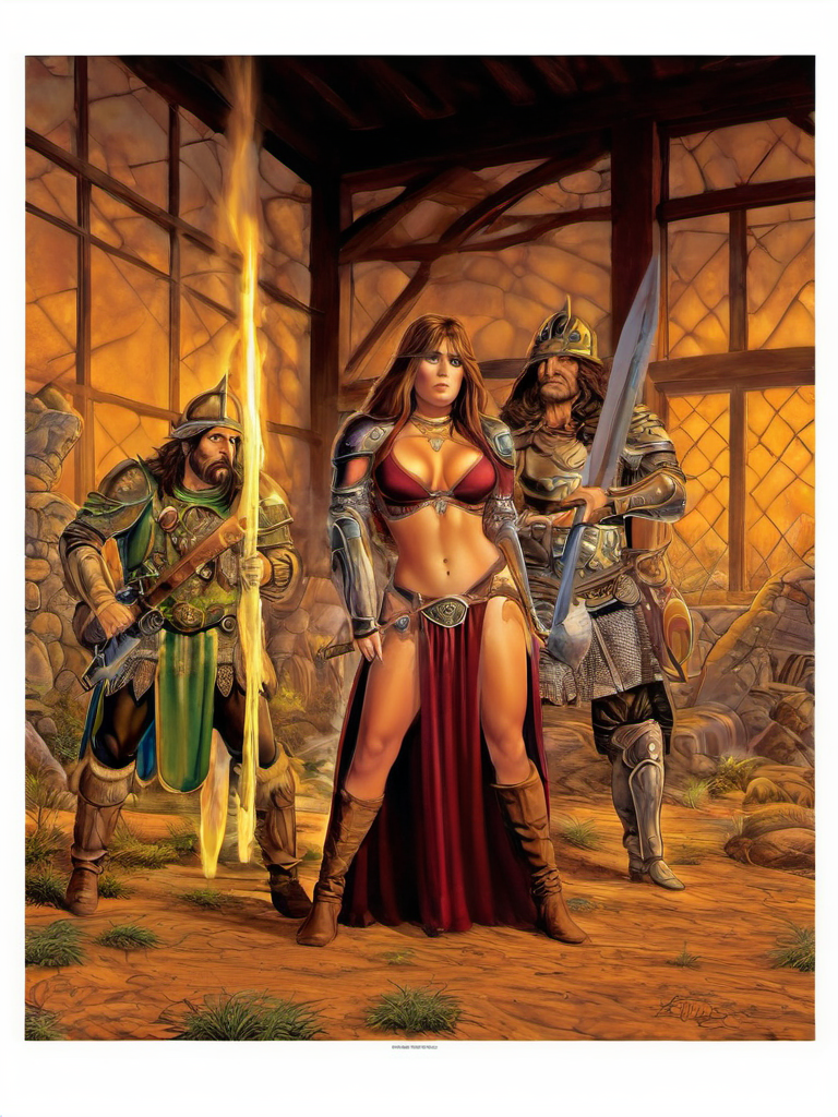 fantasy illustrations of by Elmore_Style_LX , Witches and warriors, sexy, skimpy, slutty, supermodel witch, adventure, cinematic, epic outdoor location, fantasy illustration, cinematic scene by forgotten realms, 1woman barbarian, skimpy armor, Huge breasts, bikini armor, sexy barbarian nude , with sword with a magic items, in the background epic winter sunset Fantasy masterpiece by Larry Elmore , dragonlance , <lora:Elmore_Style_LX-000010:0.7>