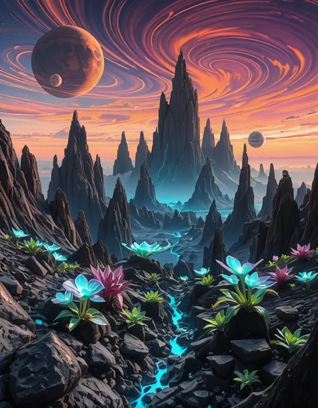 A breathtaking alien planet with a surreal and otherworldly landscape. The terrain is vast and diverse, featuring towering jagged rock formations with glowing bioluminescent veins running through them. The ground is covered in a mix of iridescent sand and patches of strange, luminescent plant life that emit a soft, pulsating glow. In the distance, a massive gas giant with swirling colorful clouds dominates the sky, accompanied by multiple moons of varying sizes. The atmosphere is thick with misty, swirling vapors, casting an ethereal glow over the horizon. Floating islands hover in the sky, defying gravity, with cascading waterfalls that vanish into the mist below. Strange, spire-like structures—either natural formations or remnants of an ancient civilization—rise from the landscape, adding a sense of mystery. The sky is a mesmerizing blend of deep purples, blues, and fiery oranges, with twin suns casting dramatic, elongated shadows. The scene is immersive, evoking a sense of wonder and discovery on an uncharted alien world.
<lora:SDXLFaeTastic2400:0.4> <lora:extremely_detailed:0.4> extremely detailed, <lora:alien_pl4n3t-ill:1>,alien pl4n3t, Masterpiece,best quality,hi res,8k,hi res,8k,award winning,(sharp focus, intricate, highly detailed),