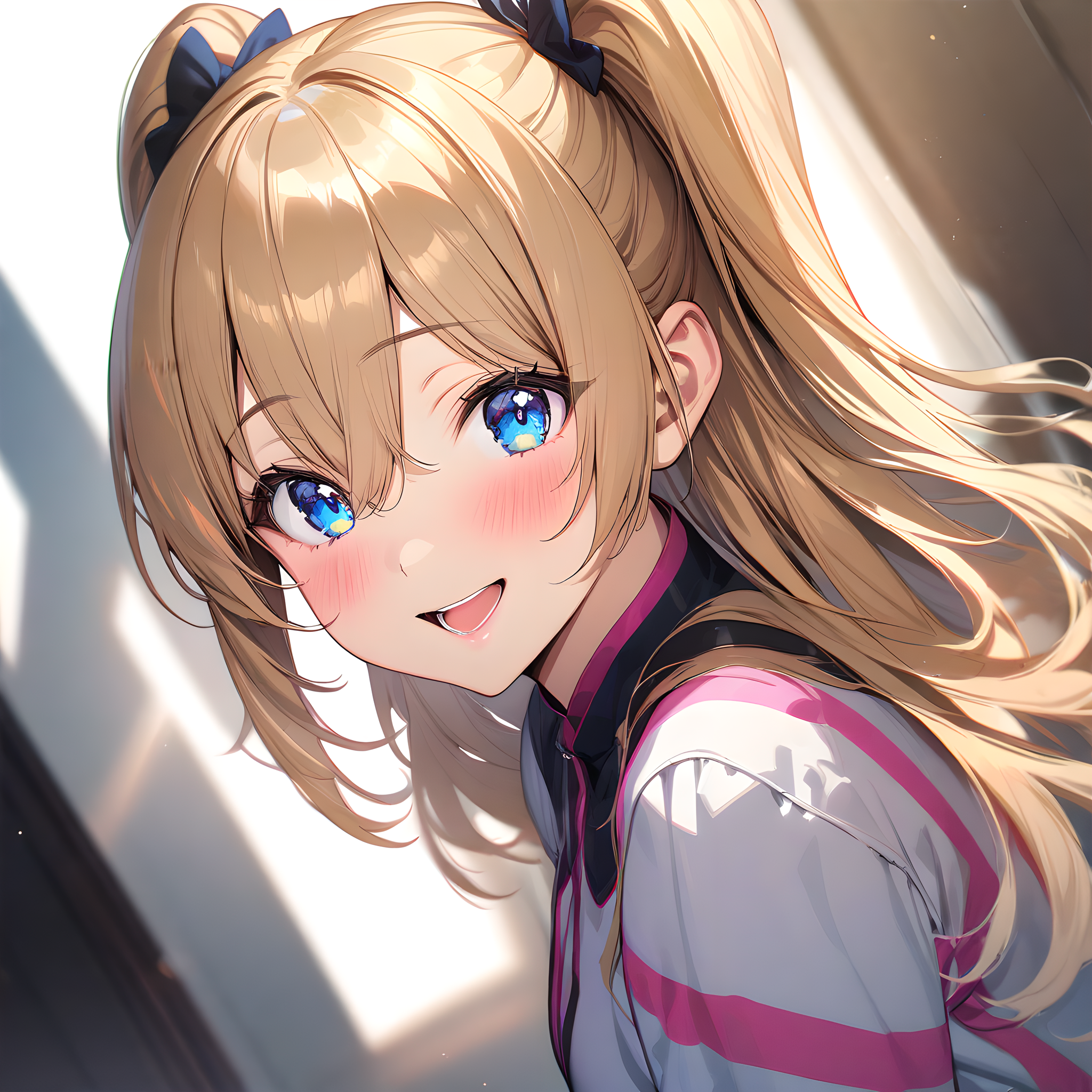 (masterpiece),(best quality),(ultra-detailed),(best illustration),(best shadow),(absurdres),(detailed background),(very aesthetic), amano_ririsa, 1girl, solo, open mouth, smile, looking at viewer, blonde hair, blush, long hair, chromatic aberration, two side up, white background, blue eyes, bangs, hair between eyes, upper body, <lora:XL-AmanoRirisa:1>