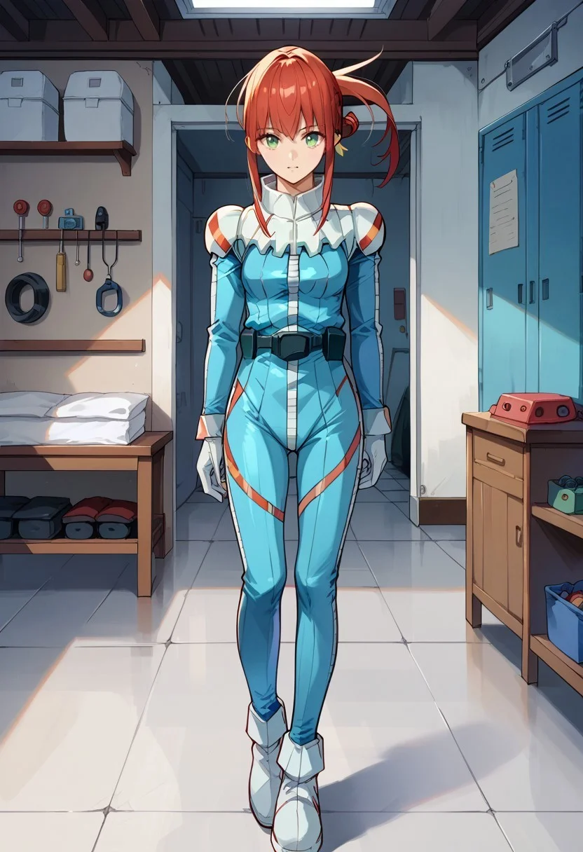 safe_pos, score_8, score_8_up, score_7_up, source_cartoon, 1girl, solo, female focus, alma_CF, red hair, short hair with long locks, bangs, sidelocks, single hair bun, hair ornament, floating hair, ponytail, green eyes, small breasts, normal suit, pilot suit, utility belt, white gloves, ankle boots, white footwear, indoors, garage, standing, arms at side, looking at viewer