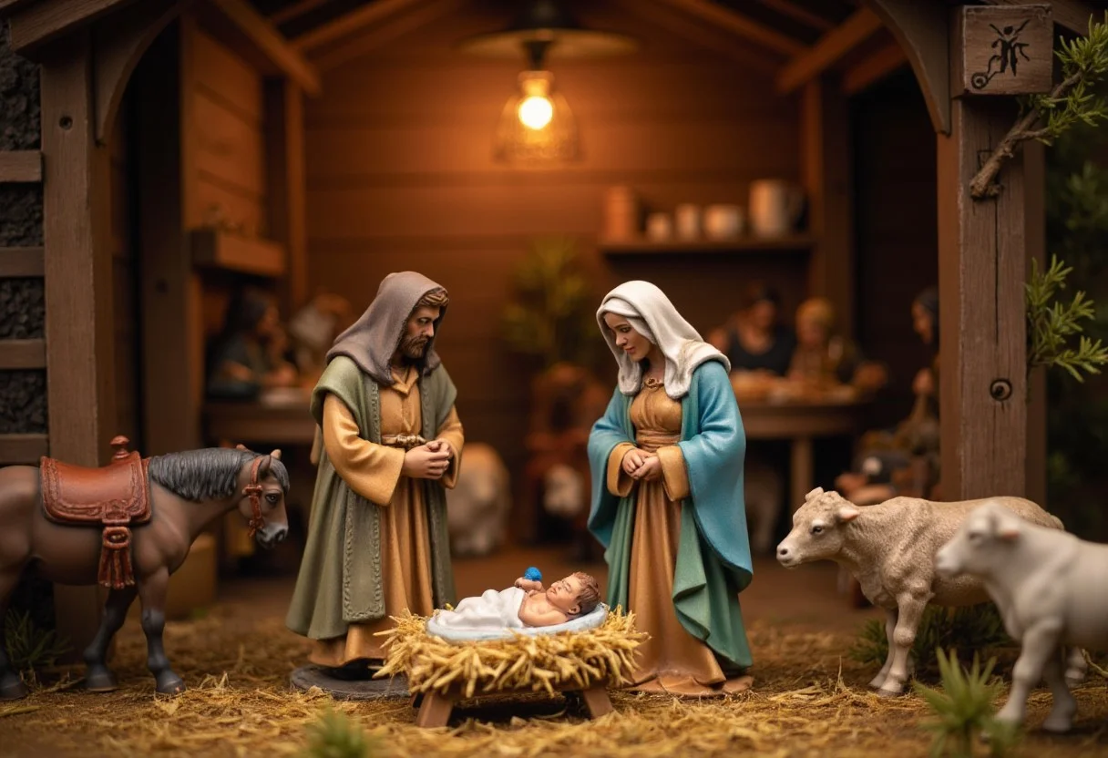 A realistic shot of a table-top miniature farm scene depicting the birth of baby Jesus. Baby Jesus rests in a small, rustic manger at the center, with Mary and Joseph positioned on either side, both looking lovingly at the newborn. Surrounding them are lifelike miniature farm animals—horses, sheep, and a cow—all gazing towards the manger. The setting is humble, with straw bedding underfoot, wooden beams overhead, and soft, warm lighting illuminating the peaceful scene, giving it a serene and holy atmosphere. aidmaTableTopMiniatures