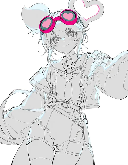<lora:vsdr.soul-000012:1.2>,1girl,solo,white background,simple background,looking at viewer,cowboy shot,smile,vsdr.soul,goggles on head,necktie,alternate costume,sailor,heart hair ornament,, masterpiece, best quality, very aesthetic, absurdres,newest, incredibly absurdres,, artist:yoneyama mai, (artist:wanke:1.1), artist:mocha, (cotton:1.1), artist:date, (senpen:1.1), artist:ciloranko, artist:noyu, noyu23386566, (artist:sho:0.8264462809917354), (sho lwlw:0.9090909090909091), year 2023, (solo:1.3310000000000004), lineart, monochrome