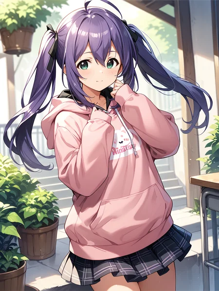 score_9,score_8_up,score_7_up,
official art,official style,game cg,megami magazine,
uncensored,
1girl,solo,
mochizuki anna,purple hair,green eyes,ahoge,long hair, twintails,
pink hoodie,skirt,hoodie,skirt,
<lora:idolmaster_mochizuki_anna_pony_v1.1-000006:1>,