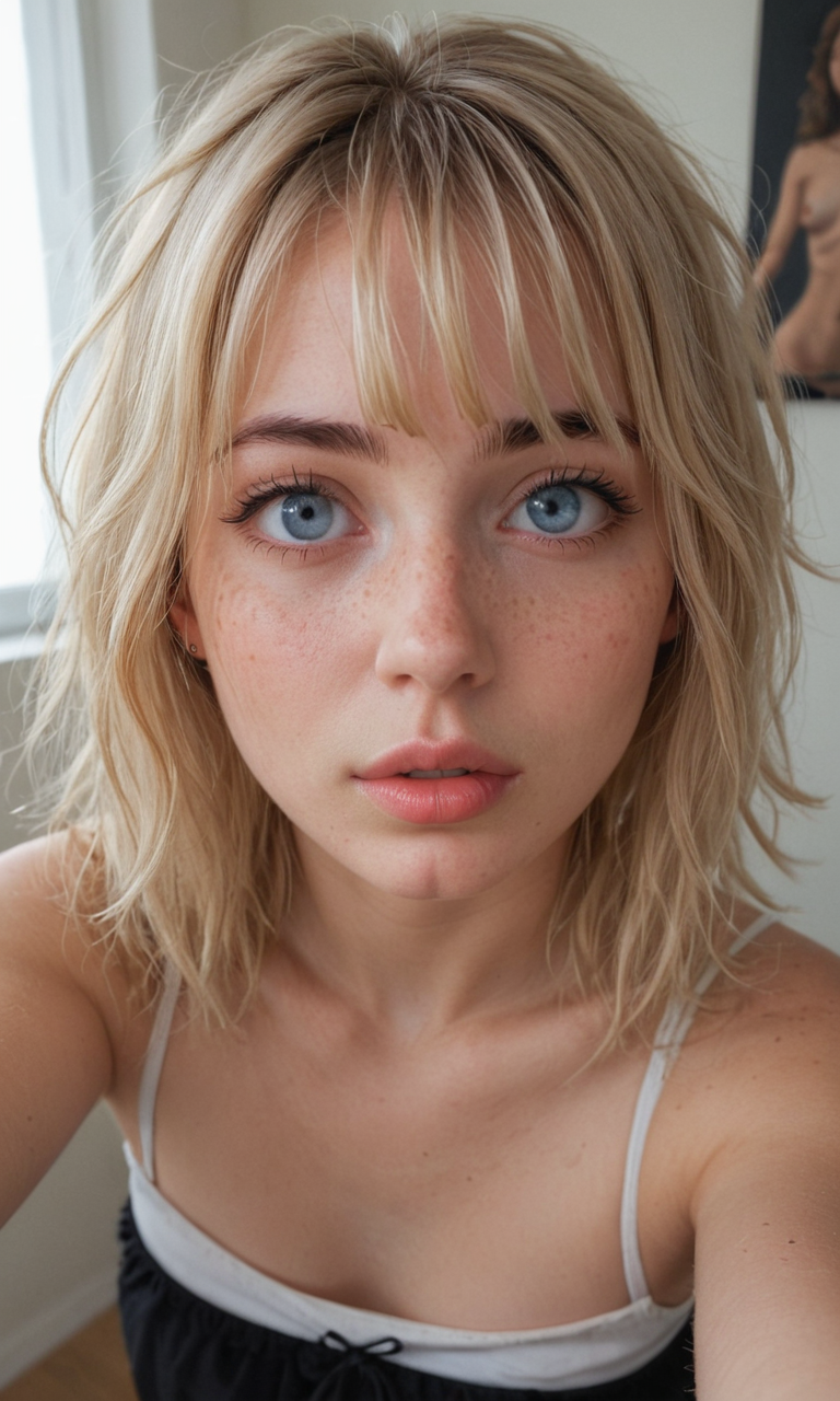 4k selfie with a surprised "o"-expression, deep focus, split-diopter lens. close-up, focus on her eyes. cluttered bedroom, posters on walls, ring lighting. long shaggy blonde (bangs between eyes, dark blue eyes, freckles, blush, natural lips, natural eyes, messy hair, black eyebrows, pierced eybrow) taking a selfie (iphone camera).. bent forward, mirror behind in distance, her back can be seen (reflection)