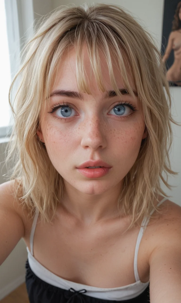 4k selfie with a surprised "o"-expression, deep focus, split-diopter lens. close-up, focus on her eyes. cluttered bedroom, posters on walls, ring lighting. long shaggy blonde (bangs between eyes, dark blue eyes, freckles, blush, natural lips, natural eyes, messy hair, black eyebrows, pierced eybrow) taking a selfie (iphone camera).. bent forward, mirror behind in distance, her back can be seen (reflection)