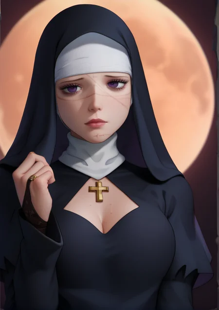 score_9, score_8_up, score_7_up, dalethwaifu, 1girl,full moon, habit, cleavage, long hair, moon, necklace, nun, solo, upper body, <lora:add-detail-xl:1>, <lora:Daleth_character:1>, <lora:HandFixer_pdxl_Incrs_v1:1>
