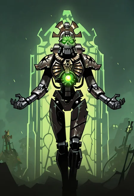 masterpiece, best quality, <break> , solo, 1other, (((necron))), (((glowing))), (((robot))), (((green eyes))), ((warhammer 40000))),
looking at viewer, standing,
(((vanripper))),
<lora:VanripperIllustriousXL_byKonan:1>