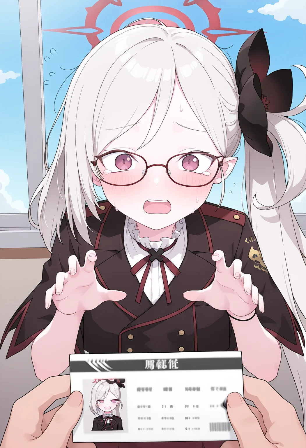 masterpiece, best quality, high resolution, source_anime, highly detailed illustration, detailed eyes,  
very aesthetic, absurdres, newest, amazing quality, official art,
mutsuki \(blue archive\), 
1girl,
<lora:shiAruMemeV1ill:1>, shiarupastmeme, meme, holding, id card, pov hands, pov,solo focus, 
looking at viewer, blush, open mouth, flying sweatdrops, 
short hair, blunt bangs, glasses, 
indoors,