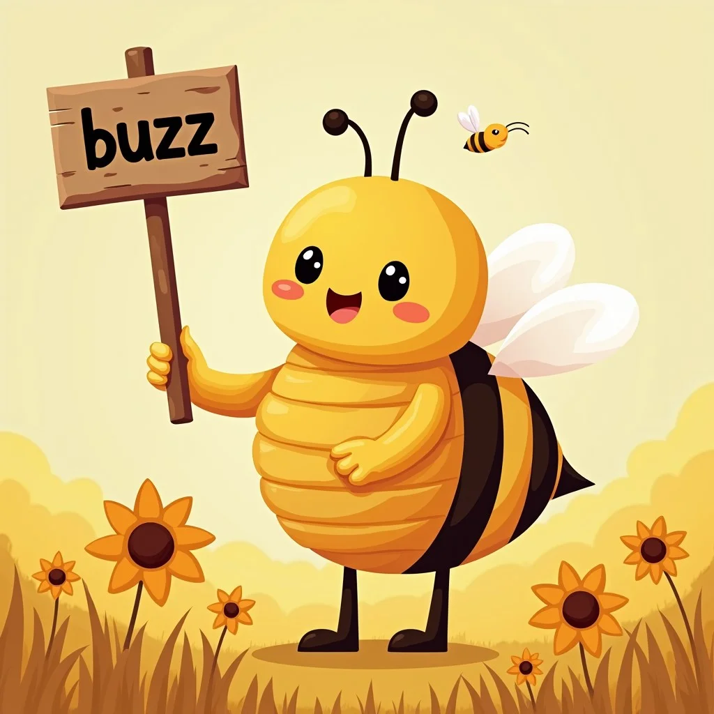Honey nut cheerio bee, holding sign, field, text "buzz", poekr face, cute style