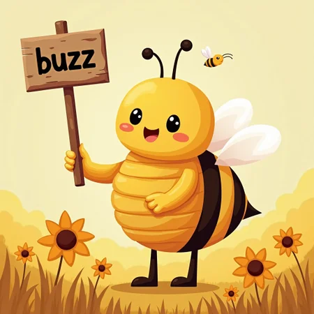 Honey nut cheerio bee, holding sign, field, text "buzz", poekr face, cute style