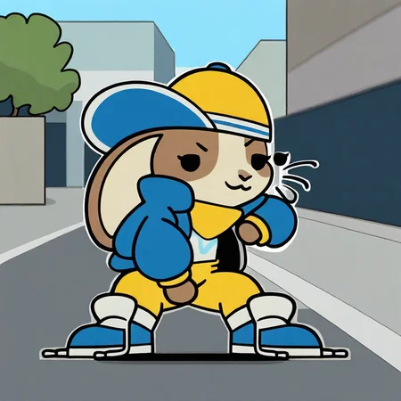 masterpiece,best quality,amazing quality,good quality,absurdres,outline,solo,1girl,peeb,lagomorph,furry female,short stack,two tone body,brown body,rabbit ears,ears down,dot eyes,black eyes,whiskers,blue and yellow headwear,yellow scarf,blue jacket,white shirt,yellow pants,blue footwear,:3,v-shaped eyebrows,fighting stance,facing viewer,looking at viewer,full body,outdoors,street,day