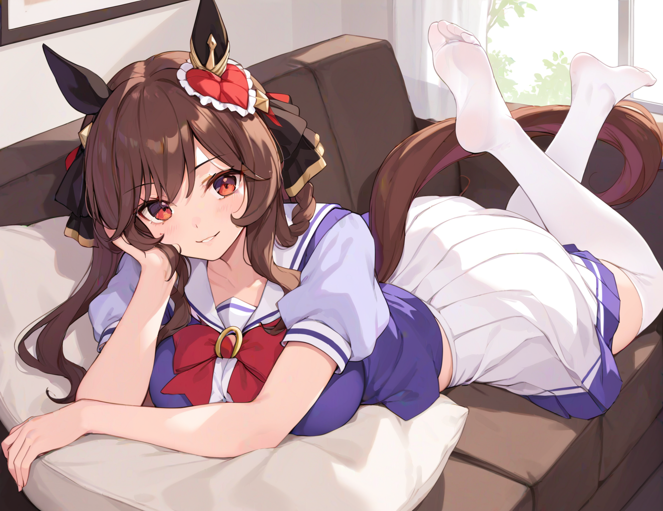 score_9, score_8_up, score_7_up, source_anime, 2D, anime BREAK
tracen_uniform, 1girl, solo, long hair, breasts, looking at viewer, smile, skirt, large breasts, brown hair, shirt, red eyes, thighhighs, animal ears, school uniform, tail, short sleeves, pleated skirt, lying, puffy sleeves, indoors, sailor collar, white thighhighs, puffy short sleeves, window, no shoes, white skirt, horse ears, on stomach, curtains, horse girl, couch, horse tail, purple shirt, tracen school uniform
<lora:gentildonna-ponyXL-000008:0.8>,