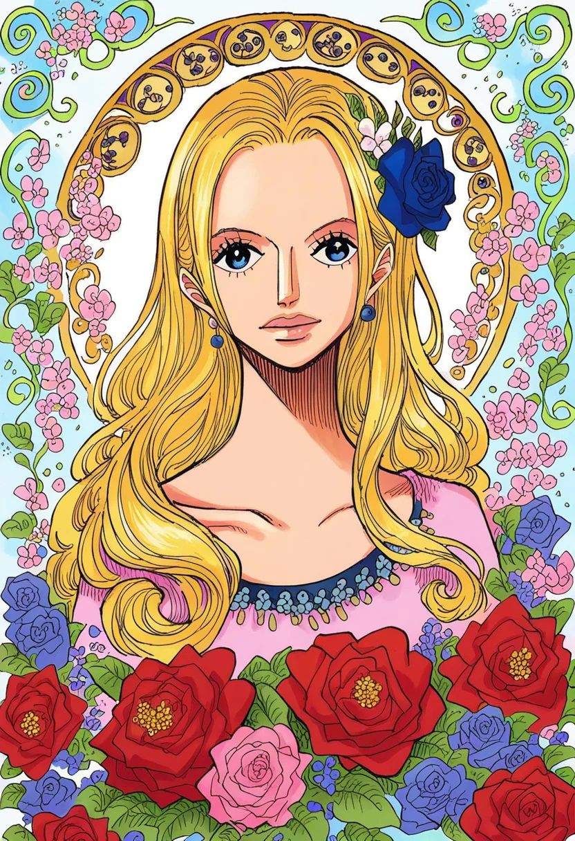 score_9, score_8_up, score_7_up,  1 girl, beautiful flowers, flower corsage in hair, (flowers in background, abstract flower background), impressionism, blonde hair, long hair, art nouveau style <lora:onepiecestylev1:1> onepiecestyle