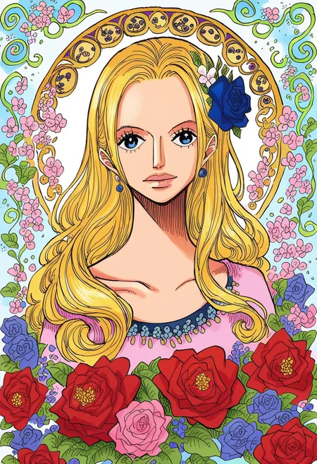 score_9, score_8_up, score_7_up, 1 girl, beautiful flowers, flower corsage in hair, (flowers in background, abstract flower background), impressionism, blonde hair, long hair, art nouveau style <lora:onepiecestylev1:1> onepiecestyle