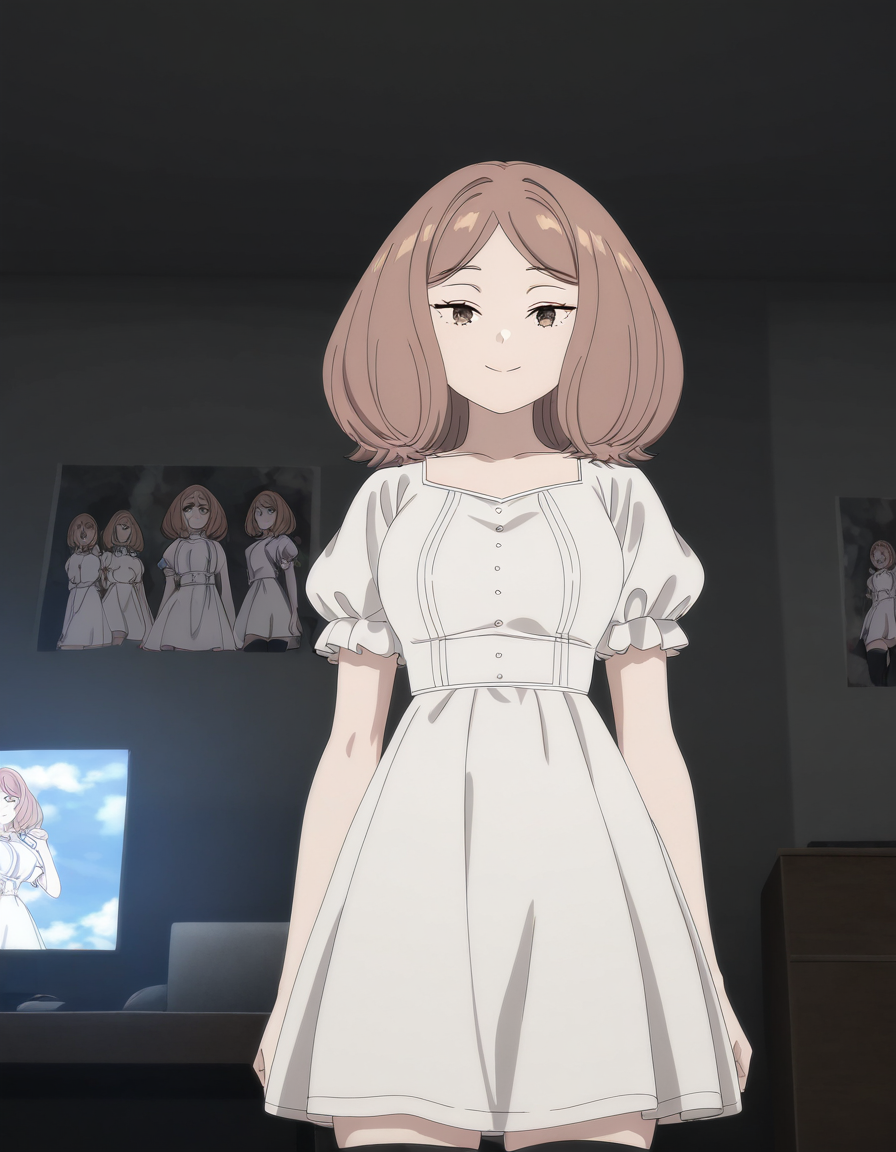 masterpiece, best quality, newest, absurdres, highres, safe,, <lora:mage-edel-s1-illustriousxl-lora-nochekaiser:1>, edel, brown hair, brown eyes, medium hair, medium breasts, anime screencap, thighhighs, dress, black thighhighs, white dress, short sleeves, puffy sleeves, puffy short sleeves, otaku room, posters, anime figures, computer, cluttered, , smile, looking at viewer, solo,, cowboy shot, solo