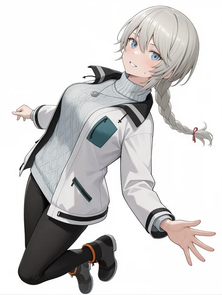 masterpiece,best quality,newest,
1girl,solo,
<lora:ADELAIDE_BLUTHAUSEN_ilxl_v1.0:1>,a_bluthausen,grey hair,blue eyes,braided ponytail,
s_nase,necklace,white jacket,long sleeves,turtleneck sweater,ribbed sweater,black pants,ankle boots,
<lora:Fixhands_anime_bdsqlsz_V1:1>,light_blush,cinematic_angle,looking_at_viewer,jumping,full body,parted lips,sweatdrop,white_background,simple_background,:d,dynamic_angle,