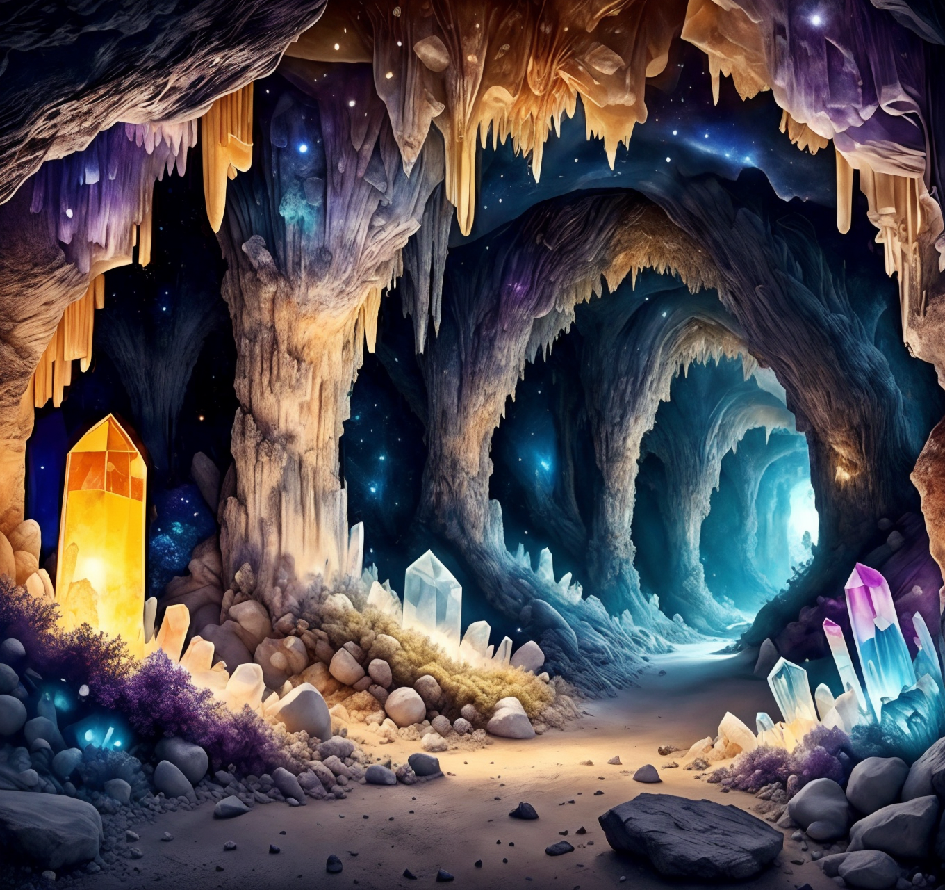 RAW photo, (masterpiece:1.3), subsurface scattering, heavy shadow, (high quality:1.4), (intricate, high detail:1.2), professional photography, HDR, High Dynamic Range, realistic, ultra realistic, photorealistic, high resolution, film photography, ambient lighting, atmospheric effects, <lora:detail_slider_v4:2>, OverallDetail, <lora:CrystalCaves:1>, arch, cave, cliff, cryca, crystal, fantasy, floating rock, gem, glowing, landscape, light, nature, night, no humans, outdoors, rock, scenery, starry sky, still life, sunlight, traditional media